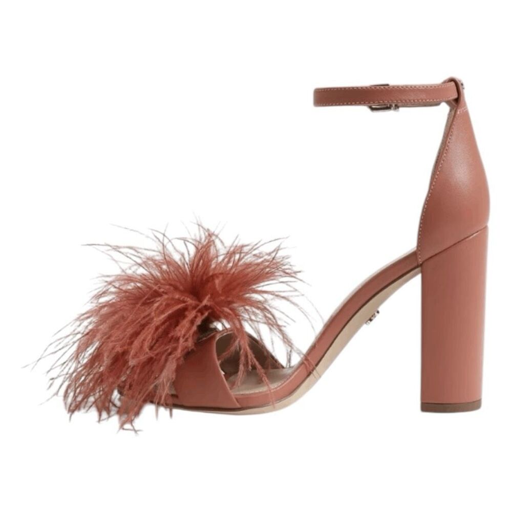 Sam Edelman Rust Feather Pom-Pom Ankle Strap Block Heel Sandals NWOT - Picture 3 of 9